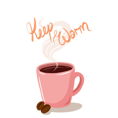 Showing flat design pink mug with coffee beans and steam text Keep warm on transparent background