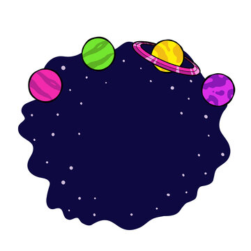 Naklejki Stylized space flat vector art showing four colorful planets above starry navy void, transparent bg