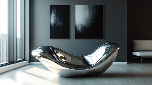 Modern Minimalist Lounge Chair in Contemporary Living Room with Large Windows and Abstract Wall Art