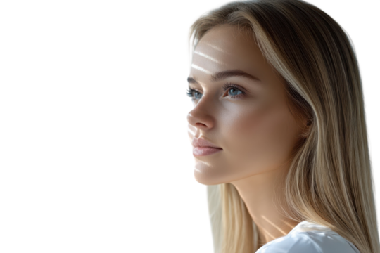 A serene blonde gazes optimistically towards the future light caressing her face in quiet on transparent background