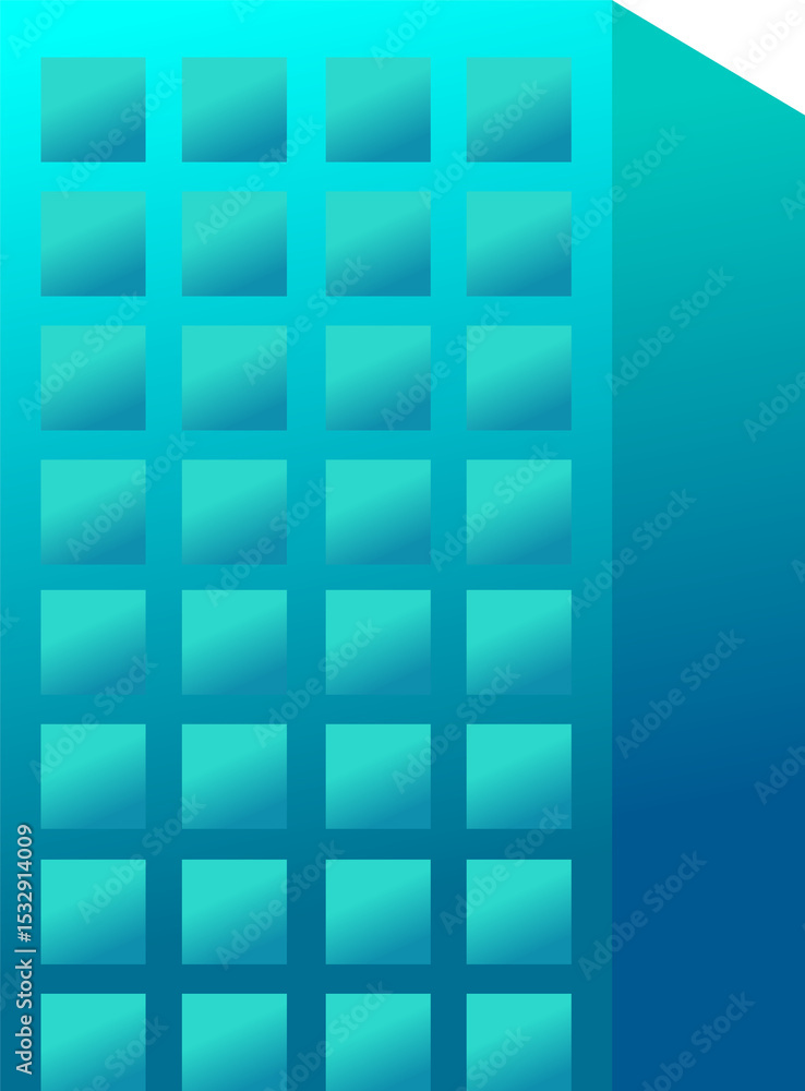 Poster stylized high-rise building is appearing in 3d render showing window grid on transparent background
