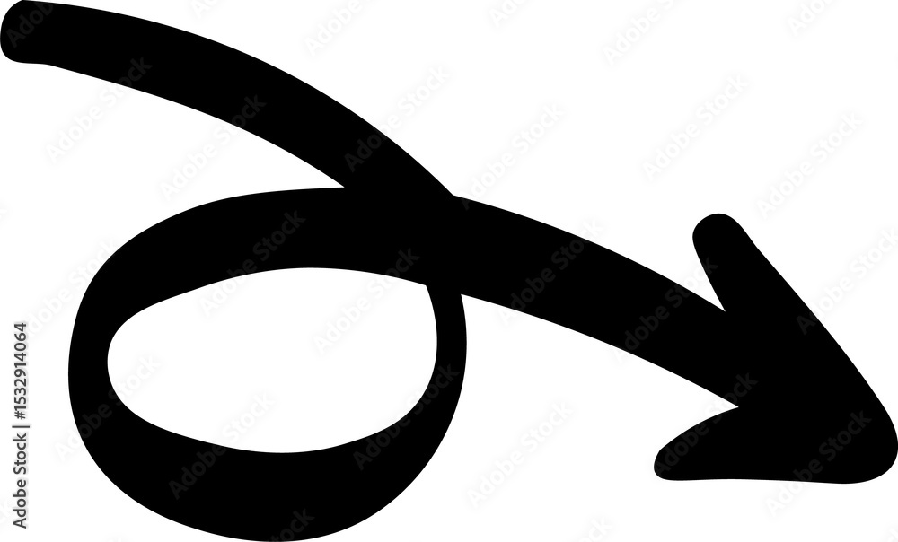 Poster looping black curved arrow is pointing down-right in flat design with transparent background