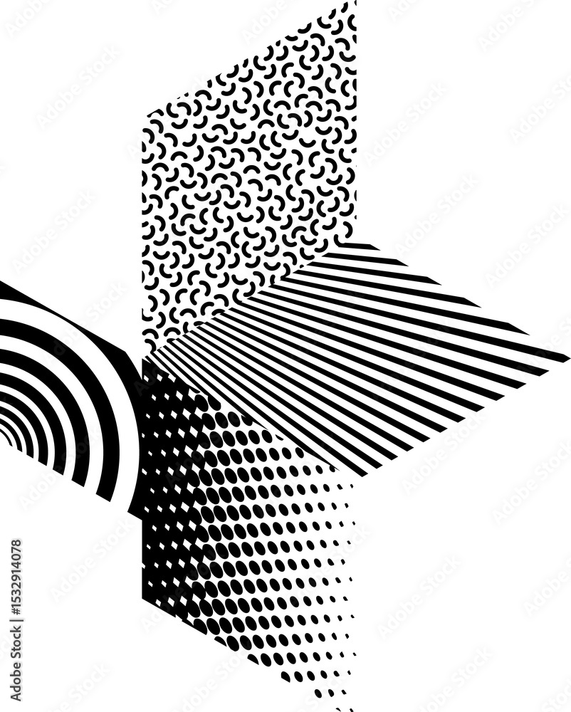 Poster flat abstract cube is showing halftone curls, stripes, dots and arcs on transparent background