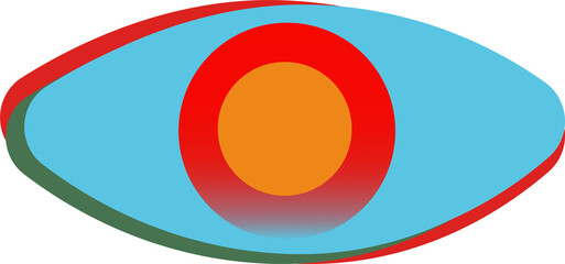 Obraz premium Eye is floating on clear backdrop with blue oval, colorful arcs, orange disc, gradient reflection