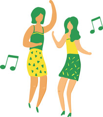 Two female figures are dancing in flat vector, green music notes, transparent backdrop, copy space