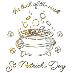 Line art cauldron brimming gold coins and sparkles around clovers showing cursive text transparent