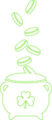 Shamrock cauldron is catching falling coin outlines in neon green lineart on transparent background