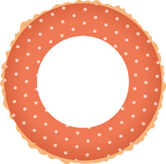 Inflatable swim ring is floating in flat design, orange polka dot scalloped rim, clear background