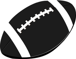 Showing black American football ball floating with 3D shading on transparent background, copy space