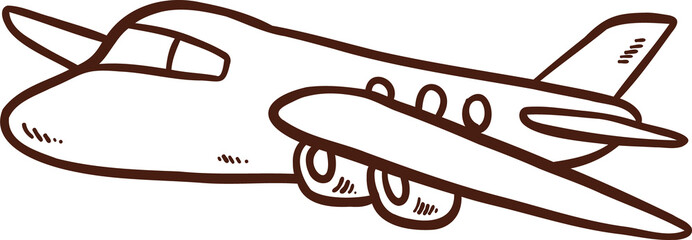 Flat line art passenger airplane floating on transparent background with swept wings and engines