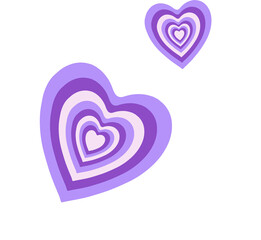 Concentric layered purple hearts are floating over white bubbles on transparent canvas, flat design