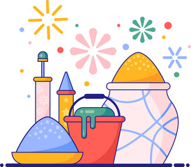 Flat design festival scene is presenting powder, fireworks on transparent background, copy space