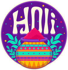 Stylized Holi emblem is showing flat pot spilling red powder with leaves, transparent background