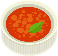Red soup is being shown in flat style inside ribbed bowl with green leaf, transparent background