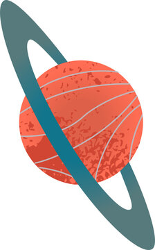 Naklejki Flat design red-orange orb with gray bands is floating on transparent backdrop with teal-blue ring