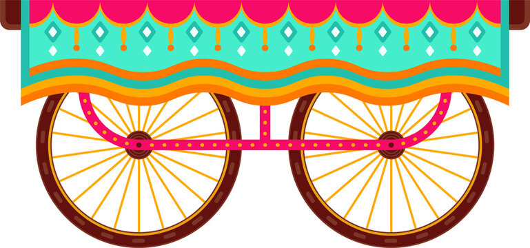 Fototapeta Flat vector cart is showing spoked wheels, wavy stripes, scalloped canopy with transparent backdrop