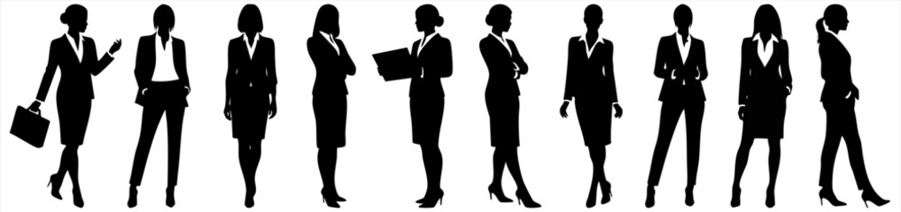Vector set with silhouettes of businesswomen in various poses. This graphic represents teamwork, diversity, and corporate life. Perfect for business presentations or team concepts.