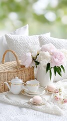 Elegant tea setting with peonies and macarons on a white lace tablecloth