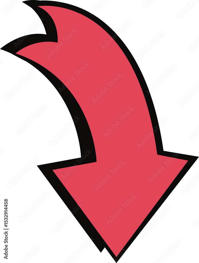 Poster displaying red downward arrow with thick black outline in flat style on transparent background