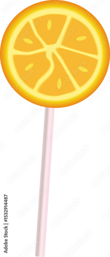 Leinwandbilder flat orange slice lollipop with segmented pattern is floating on transparent background, copy space