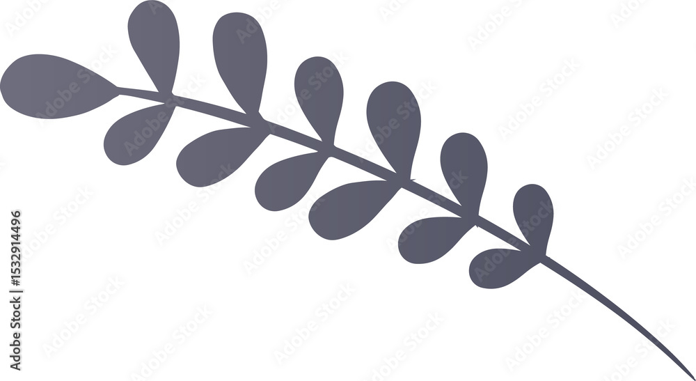 Poster stylized dark gray branch is floating in flat design, showing oval leaves on transparent background
