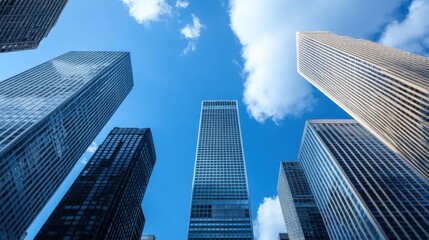 Obraz premium Stunning View of Skyscrapers Against a Bright Blue Sky with Clouds