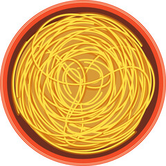Spaghetti noodles are filling flat design top-down bowl with red-orange rim on transparent backdrop