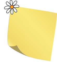 Flat design yellow sticky note is floating on transparent background, featuring white daisy accent