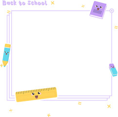 Showing back-to-school vector frame with pencil, notebook, eraser, ruler on transparent background