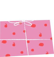 Flat illustration is showing pink spotted gift box with white ribbon bow on transparent background
