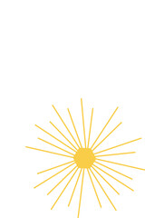 Flat smiling face doodle is floating beside radiating yellow sunburst on transparent background