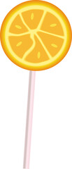 Flat orange slice lollipop with segmented pattern is floating on transparent background, copy space