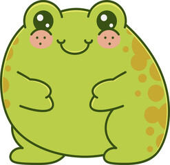 Chubby green frog cartoon is showing transparent sticker with glossy eyes and orange spots