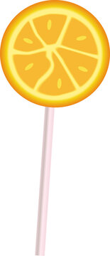 Naklejki Flat orange slice lollipop with segmented pattern is floating on transparent background, copy space