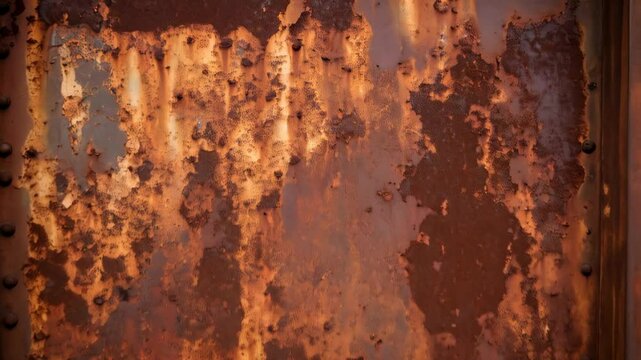 Distressed and decaying industrial metal panel with heavy rust and peeling paint, revealing an orange and brown grunge texture