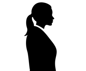 Black silhouette of a businesswoman in profile with a ponytail. This full-length graphic offers a clean and professional representation. Perfect for corporate identity or business illustrations.