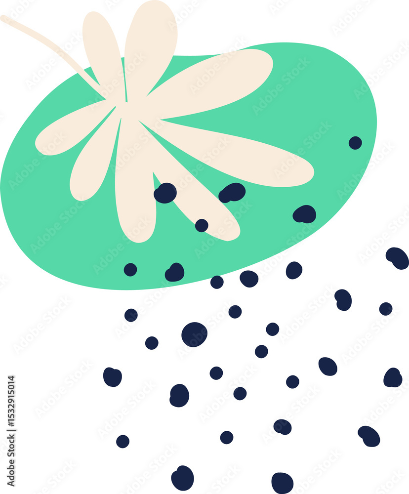 Poster flat design is showing cream petals from mint blob falling navy dots on transparent background