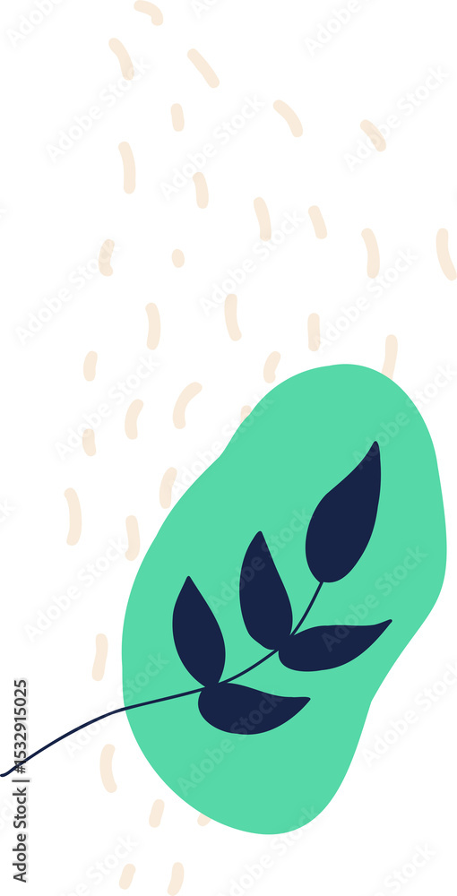 Poster flat design is featuring mint green blob with navy leaf branch floating on transparent background