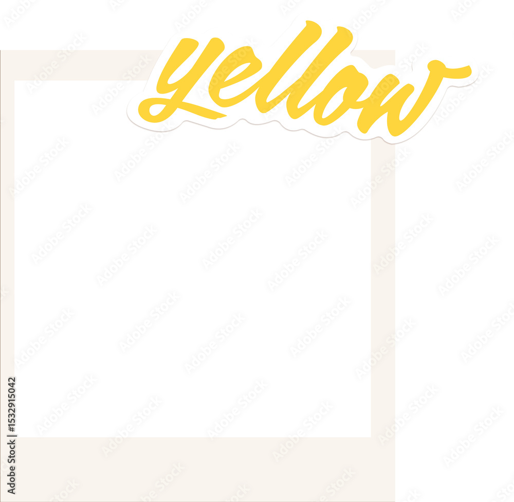 Poster minimalist instant film frame is floating on transparent background, featuring yellow cursive text