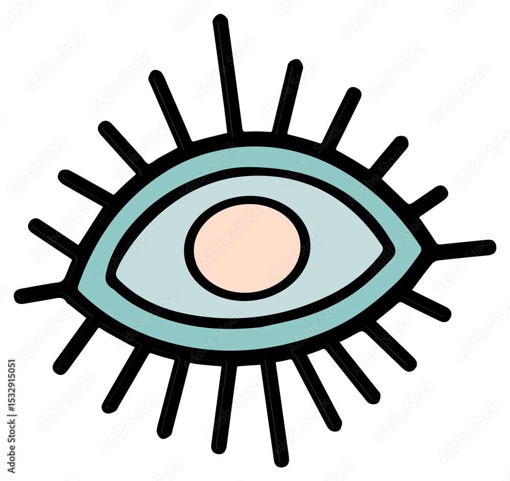 Poster flat design eye icon is radiating black border lines on transparent canvas with turquoise and peach