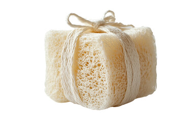 Natural loofah sponge with cotton string side loop for easy hanging and gentle cleansing isolated on transparent background PNG