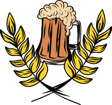 Naklejki Featuring amber beer mug overflowing foam framed by laurel branches in emblem on clear background