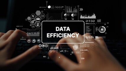 Data Efficiency in Modern Technology with Hands on Keyboard and Visual Graphics Representing Analytics and Performance Metrics. Asymptotic smart data analytic.