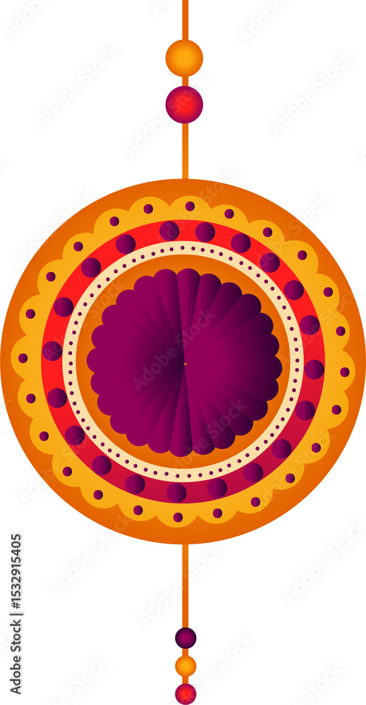 Poster showing hanging vector ornament with concentric ring dots and beaded string on transparent backdrop