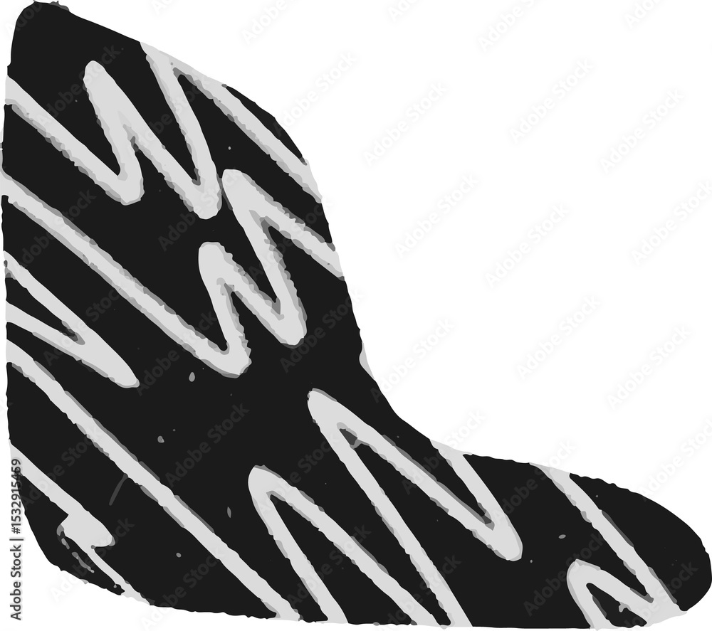 Poster flat design sock shape is showing on transparent background with black and white zigzag scribbles