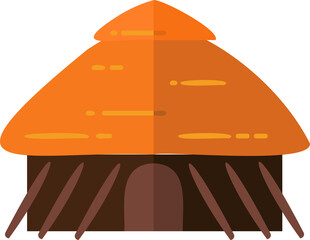 Obraz premium Showing flat hut with orange thatched roof, wooden poles, arched doorway, transparent background