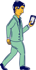 Cartoon art showing man walking holding smartphone in mint two-piece suit on transparent background