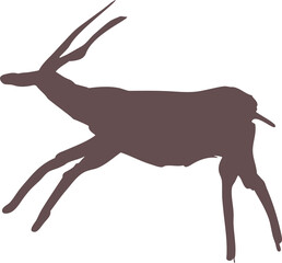 Maroon antelope silhouette is leaping in flat design, showing curved horns and legs on transparent