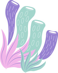 Flat pastel coral design is floating on transparent backdrop, showing green tubes and pink fronds