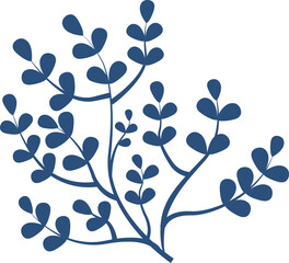 stylized branch is sprouting in flat design with blue stems and oval leaves, transparent background